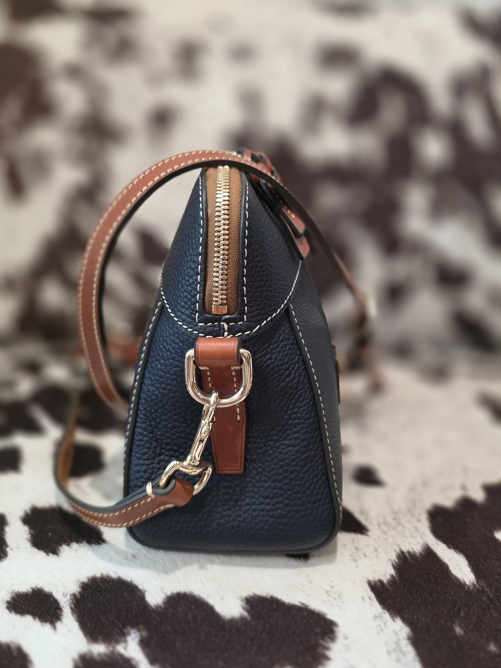 Dooney & Bourke Navy Pebbled Leather Crossbody with Tan Strap - Picture 2 of 11